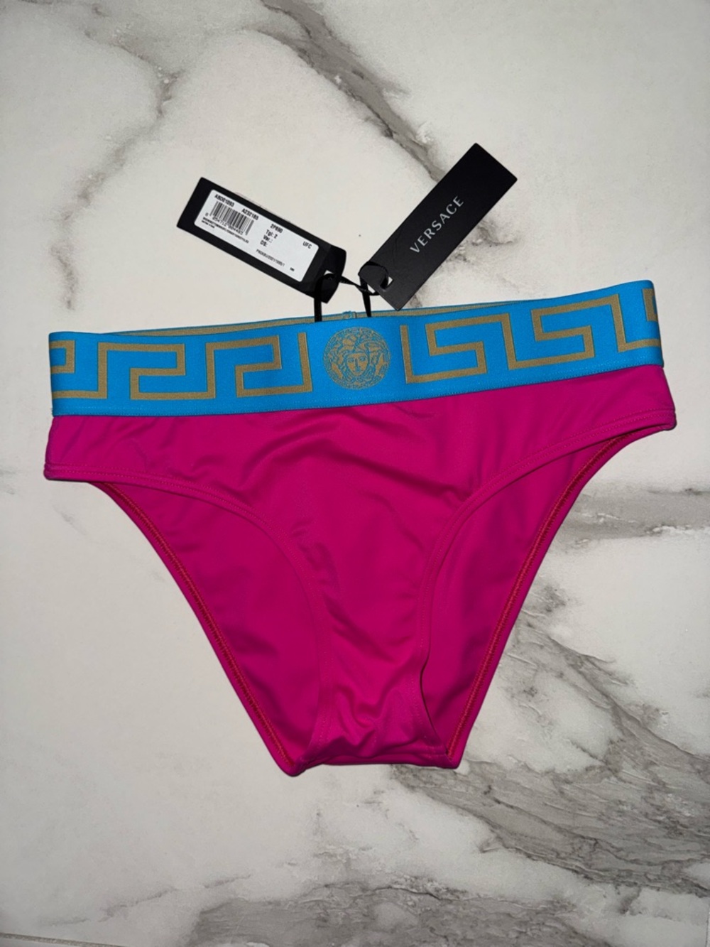 Versace Hot Pink with Light Blue & Gold Greca Bikini Bottom